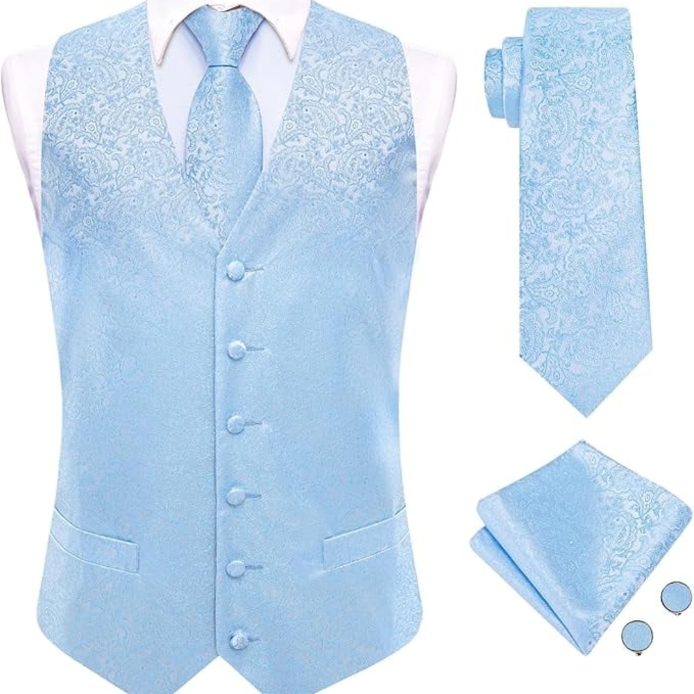Hi-Tie Silk Mens Light Blue Paisley Vest and Tie Set